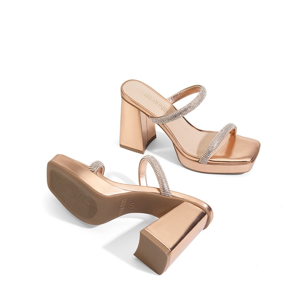 Rhinestone Straps Chunky Sandals - ROSE GOLD-RHINESTONE - 5